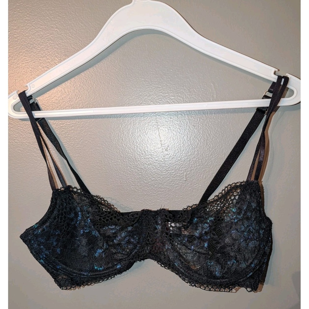 Adore Me Women's Black & Shiny Purple Mesh Lace Bra Size 36D Lingerie Intimate